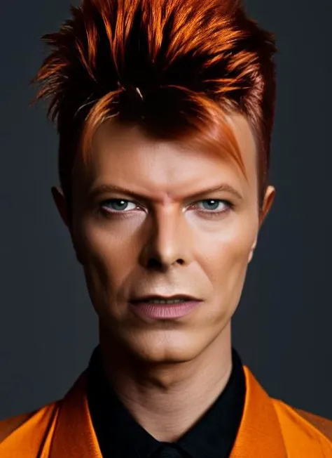 portrait of sks man (bowie:1) by Flora Borsi, style by Flora Borsi, bold, bright colours, orange Mohawk haircut, ((Flora Borsi)), <lora:bowie:1>