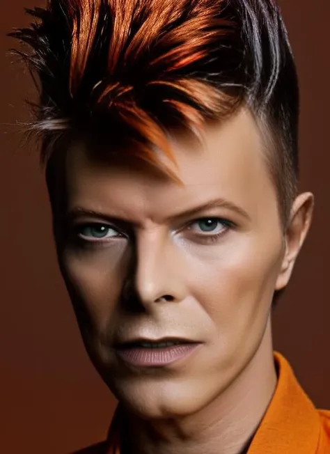 portrait of sks man (bowie:1) by Flora Borsi, style by Flora Borsi, bold, bright colours, orange Mohawk haircut, ((Flora Borsi)), <lora:bowie:1>