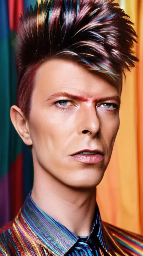 analog style, modelshoot style, portrait of sks man (bowie:1) by Flora Borsi, style by Flora Borsi, bold, bright colours, rainbow Mohawk haircut, ((Flora Borsi)) <lora:bowie:1>