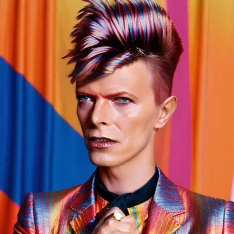 analog style, modelshoot style, portrait of sks man (bowie:1) with the ok sign by Flora Borsi, style by Flora Borsi, bold, bright colours, rainbow Mohawk haircut, ((Flora Borsi)) <lora:bowie:1>