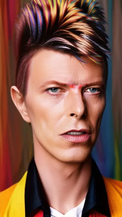 analog style, modelshoot style, portrait of sks man (bowie:1) by Flora Borsi, style by Flora Borsi, bold, bright colours, rainbow Mohawk haircut, ((Flora Borsi)) <lora:bowie:1>