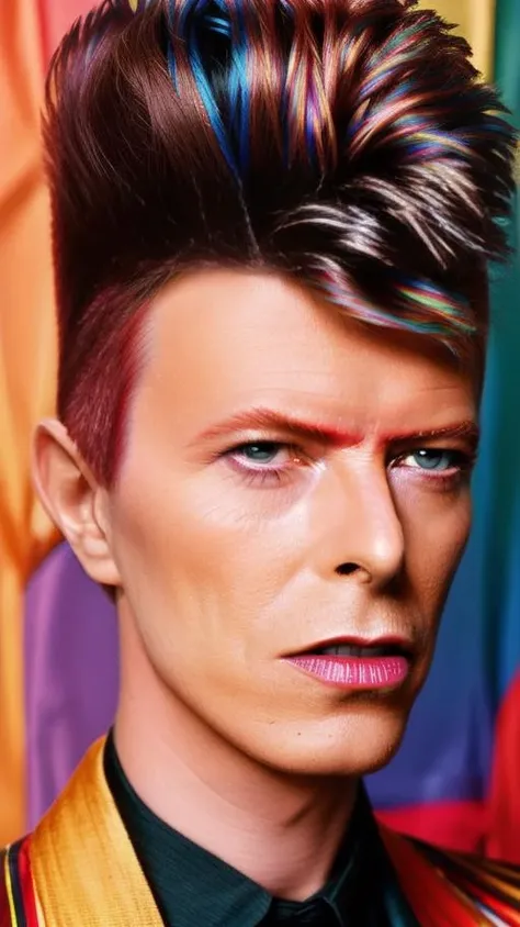 analog style, modelshoot style, portrait of sks man (bowie:1) by Flora Borsi, style by Flora Borsi, bold, bright colours, rainbow Mohawk haircut, ((Flora Borsi)) <lora:bowie:1>