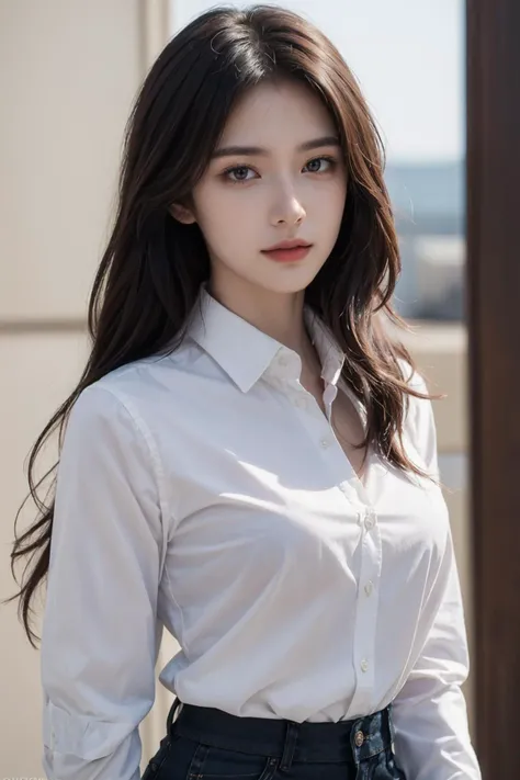 ((Best quality, 8k, Masterpiece :1.3)), Sharp focus :1.2, A pretty woman with perfect figure :1.4, Slender abs :1.2, ((Dark brown hair, Big breasts :1.2)), (White button up long shirt :1.1), City street:1.2, Highly detailed face and skin texture, Detailed eyes, Double eyelid