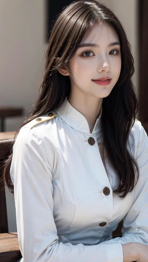 (8k, RAW photo, best quality, masterpiece:1.2), (realistic, photo-realistic:1.2), (photorealistic:1.4), (ultra high res, raw photo:1.4), ultra-detailed, a girl, perfect face, (upper body:1.3), arms at sides, smile, (white uniform:1.4), (long sleeves:1.2), (softlight:1.2), (professional lighting:1.2), (studio:1.2), (coffee shop background:1.2), <lora:b_girl:0.7>,