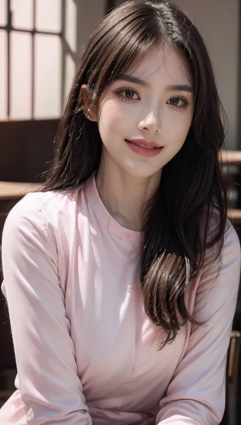 (8k, RAW photo, best quality, masterpiece:1.2), (realistic, photo-realistic:1.2), (photorealistic:1.4), (ultra high res, raw photo:1.4), ultra-detailed, a girl, perfect face, (upper body:1.3), arms at sides, smile, (pink uniform:1.4), (long sleeves:1.2), (softlight:1.2), (professional lighting:1.2), (studio:1.2), (coffee shop background:1.2), <lora:b_girl:0.7>,