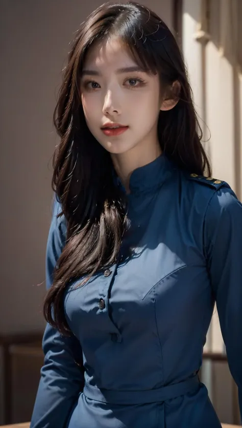 (8k, RAW photo, best quality, masterpiece:1.2), (realistic, photo-realistic:1.2), (photorealistic:1.4), (ultra high res, raw photo:1.4), ultra-detailed, a girl, perfect face, (upper body:1.3), arms at sides, (blue uniform:1.4), (long sleeves:1.2), (softlight:1.2), (professional lighting:1.2), (studio:1.2), (coffee shop background:1.2), <lora:b_girl:1>,