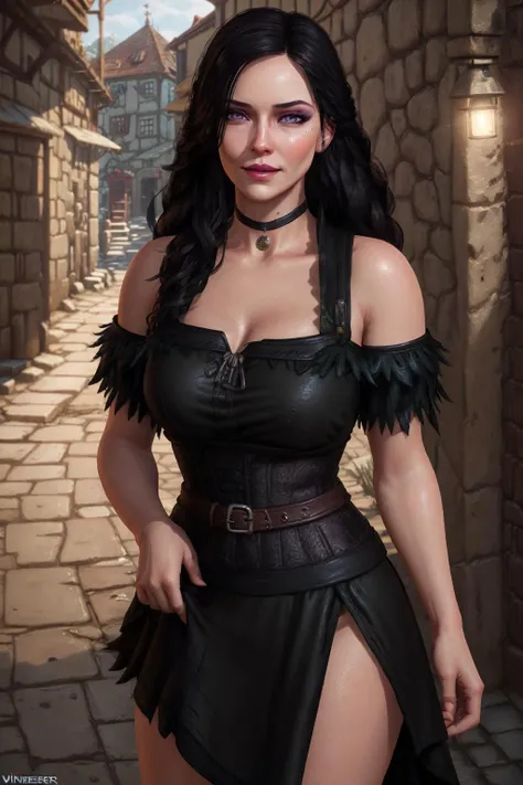 highres, masterpiece, perfect ligthing, bloom, cinematic lighting, adult, perfect skin, female, looking at viewer, portrait, cowboy shot, (yennefer of vengerberg), the witcher 3, cleavage, smile, narrow waist, skinny, (YenneferOfVengerbergWaifu:1.4), (Black medieval dress:1.8), (raven feathers on dress), black hair, (detailled eyes), purple eyes, sensual, pink lips, ((glossy lips)), glossy skin, oily skin, Streets of novigrad (Witcher 3), medieval Streets, beautiful light, (day:1.3), <lora:realisticGlossyFaceSkin_rseromanticRsesofiko:0.5> <lora:yenneferTheWitcher3_yenneferV2:0.5><hypernet:empty:0.5>