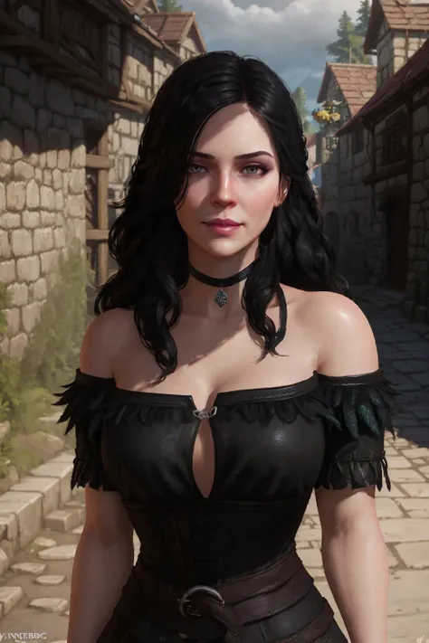 highres, masterpiece, perfect ligthing, bloom, cinematic lighting, adult, perfect skin, female, looking at viewer, portrait, cowboy shot, (yennefer of vengerberg), the witcher 3, cleavage, smile, narrow waist, skinny, (YenneferOfVengerbergWaifu:1.4), (Black medieval dress:1.8), (raven feathers on dress), black hair, (detailled eyes), purple eyes, sensual, pink lips, ((glossy lips)), glossy skin, oily skin, Streets of novigrad (Witcher 3), medieval Streets, beautiful light, (day:1.3), <lora:realisticGlossyFaceSkin_rseromanticRsesofiko:0.5> <lora:yenneferTheWitcher3_yenneferV2:0.5><hypernet:empty:0.5>