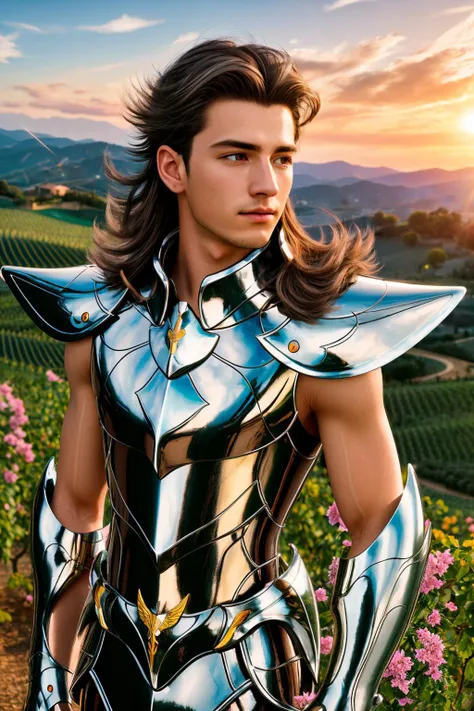 <lora:pegasus_v1:1> masterpiece of photorealism, photorealistic highly detailed 8k photography, best hyperrealistic quality, volumetric lighting and shadows, young man in pegasus saint_armor, hair flaps silver, Sunrise over Tuscany Vineyards, Time-Lapse of Flowers Blooming