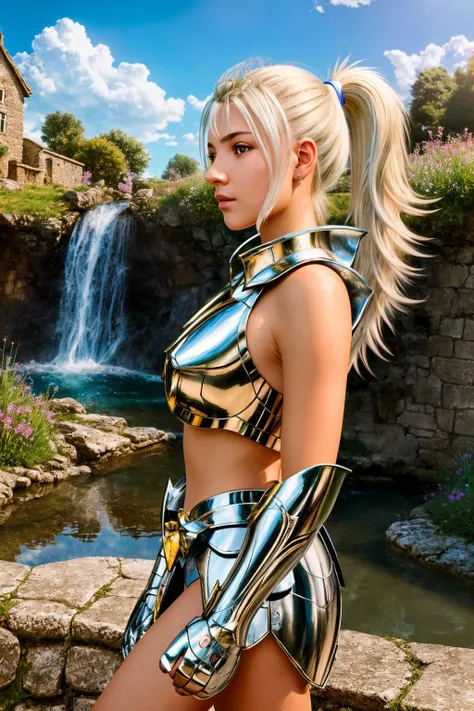 <lora:pegasus_v1:1> masterpiece of photorealism, photorealistic highly detailed 8k photography, best hyperrealistic quality, volumetric lighting and shadows, young woman in pegasus saint_armor, ponytail platinum blonde, Rustic Watermills by Countryside Streams, 360-Degree Panoramic View