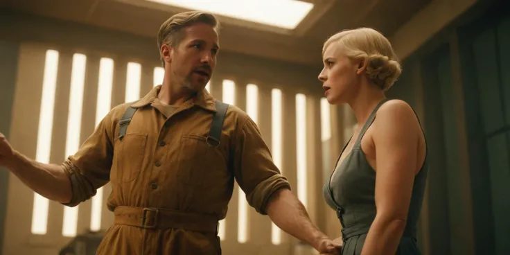 low angle, perspective, (a man in coveralls) and woman, short blonde hair, huge breasts, slim waist, wearing avant garde dress, facing viewer, hair slicked back, slender:1.3), arguing, art deco factory interior, massive scale, enormous secret streamline moderne weapon under construction in background, volumetric light, light rays, cinematic, as imagined by director Denis Villeneuve <lora:Decopunk_XL_v3:0> d3c0pnuk, vintage photo, detailed, ultra sharp, high resolution, textured, 1930s,