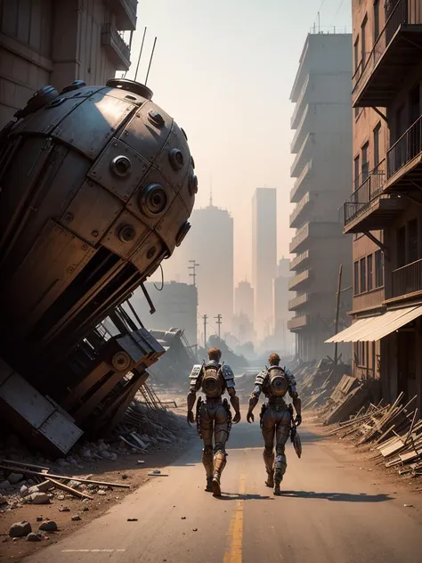 <lora:Decopunk_SD:0> d3c0pnuk, (action scene, kinetic, motion, low angle closeup), two young boys walking by a pile of detached rusted gynoid arms, circa 1937,  overbuilt, baroque art deco  industrial cityscape in background, as painted by Normal Rockwell