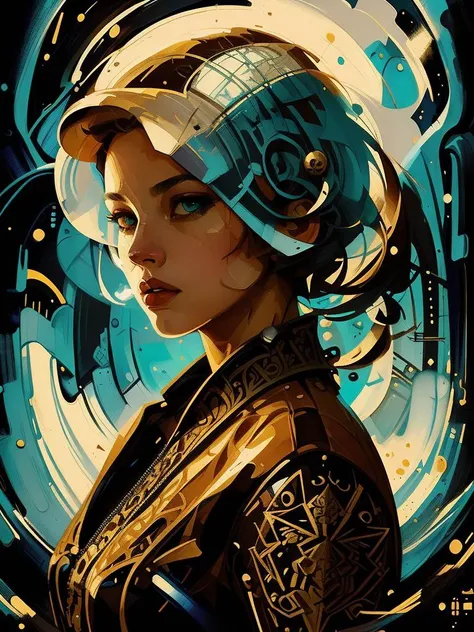 by Ashley Wood and Ismail Inceoglu,  (pretty , nebulous , masterful:1.4), poster art, bold lines, hyper detailed, expressive,  award winning,   spaceship mechanic 
(woman:1.4), (intricate details, masterpiece, best quality:1.4), half length
diffused lighting , looking at viewer, dynamic pose, wide angle view,
 <lora:Decopunk_SD:1> d3c0pnuk