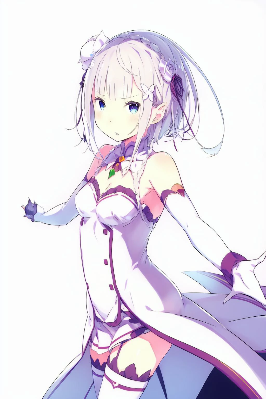 masterpiece,1girl, solo, gloves, elbow gloves, blue eyes, thighhighs, dress, white gloves, white thighhighs, looking at viewer, breasts, crown, white dress, veil, short hair, center opening, white hair, small breasts, white background, bare shoulders, outstretched arms, parted lips, simple background, bangs,emilia (re:zero) <lora:emilya:1>