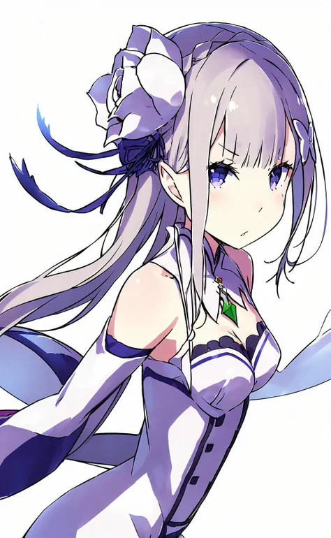 masterpiece,1girl, solo, gloves, elbow gloves, blue eyes, thighhighs, dress, white gloves, white thighhighs, looking at viewer, breasts, crown, white dress, veil, short hair, center opening, white hair, small breasts, white background, bare shoulders, outstretched arms, parted lips, simple background, bangs,emilia (re:zero) <lora:emilya:1:MIDD>