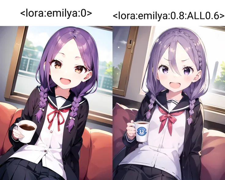 A small girl lying on a couch with one hand on her head, the other holding a cup of coffee, in a room, indoors,
(dutch angle:1.3), forehead, petite,
1girl, solo, braid, ((wink)), happy face, smile, open mouth, brown eyes, twin braids, hair between eyes, purple hair, hair over shoulder, blurry background, long hair, school uniform, outdoors, sailor collar, skirt, night, hood, bangs, coat, facing viewer, serafuku, open clothes, long sleeves, ribbon, neck ribbon, shirt, pleated skirt, open coat <lora:yaotomeUrushiFromSoredemo_v10:0.6:MIDD>
<lora:emilya:0>