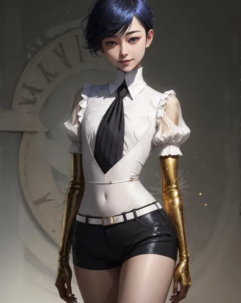 waif female, phosphophyllite \(ll\), androgynous, tiny breasts, golden arms, blue hair, inverted bob, heterochromia, crystal hair, colored eyelashes, BREAK, gem uniform, necktie, shorts, puffy short sleeves, BREAK, provocative poses, looking at viewer, sneer, simple white background, BREAK, volumetric lighting, cowboy shot, <lyco:housekinokuni_phosphophyllite_ll-11:1>, masterpiece, best quality, high quality, detail, highres, absurdres, 8k,