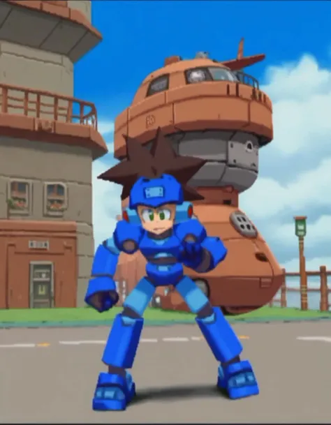zPDXL, score_9, score_8_up, score_7_up, source_anime, 1boy, solo,
<lora:RockLegend_v1:1> rcklgnd, relaxed, victory pose, mega man volnutt, mecha, mechanical arms, mechanical legs, robot joints, spiked hair, brown hair, green eyes, machinery, blue armor, short hair, sky, airship, ship,