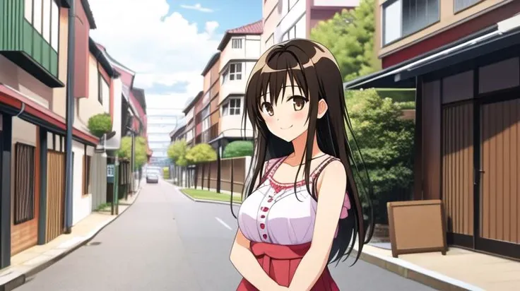 masterpiece, best quality, CG, wallpaper, HDR, high quality, high-definition, extremely detailed, 1girl, <lora:[Anime - Character] ToLOVE-Ru - Kotegawa Yui {Kizuki - To Love Ru - Kotegawa Yui}:0.8>, kotegawa yui, black hair, {big breasts}, (brown eyes:1.5), long hair, street, japanese suburbs, daytime, standing, casual clothes, smile, cat badge