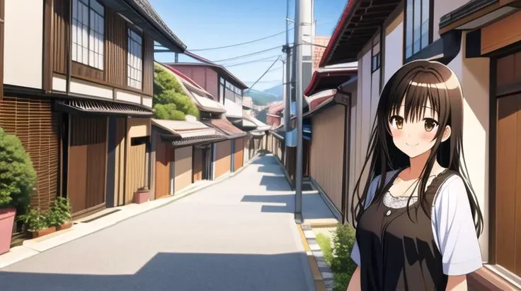 masterpiece, best quality, CG, wallpaper, HDR, high quality, high-definition, extremely detailed, 1girl, <lora:[Anime - Character] ToLOVE-Ru - Kotegawa Yui {Kizuki - To Love Ru - Kotegawa Yui}:0.8>, kotegawa yui, black hair, {big breasts}, (brown eyes:1.5), long hair, street, japanese suburbs, daytime, standing, casual clothes, smile, cat badge