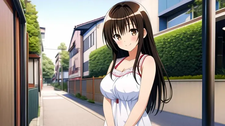masterpiece, best quality, CG, wallpaper, HDR, high quality, high-definition, extremely detailed, 1girl, <lora:[Anime - Character] ToLOVE-Ru - Kotegawa Yui {Kizuki - To Love Ru - Kotegawa Yui}:0.8>, kotegawa yui, black hair, {big breasts}, (brown eyes:1.5), long hair, street, japanese suburbs, daytime, standing, casual clothes, smile, cat badge