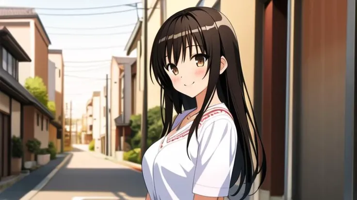 masterpiece, best quality, CG, wallpaper, HDR, high quality, high-definition, extremely detailed, 1girl, <lora:[Anime - Character] ToLOVE-Ru - Kotegawa Yui {Kizuki - To Love Ru - Kotegawa Yui}:0.8>, kotegawa yui, black hair, {big breasts}, (brown eyes:1.5), long hair, street, japanese suburbs, daytime, standing, casual clothes, smile, cat badge