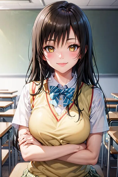 best quality, masterpiece, portrait, close-up, 1girl, kotegawa yui, black hair, long hair, long bangs, brown eyes, large breasts, yellow school uniform, pleated skirt, classroom, looking at viewer, smile,
<lora:Kizuki - To Love Ru - Kotegawa Yui:0.90>