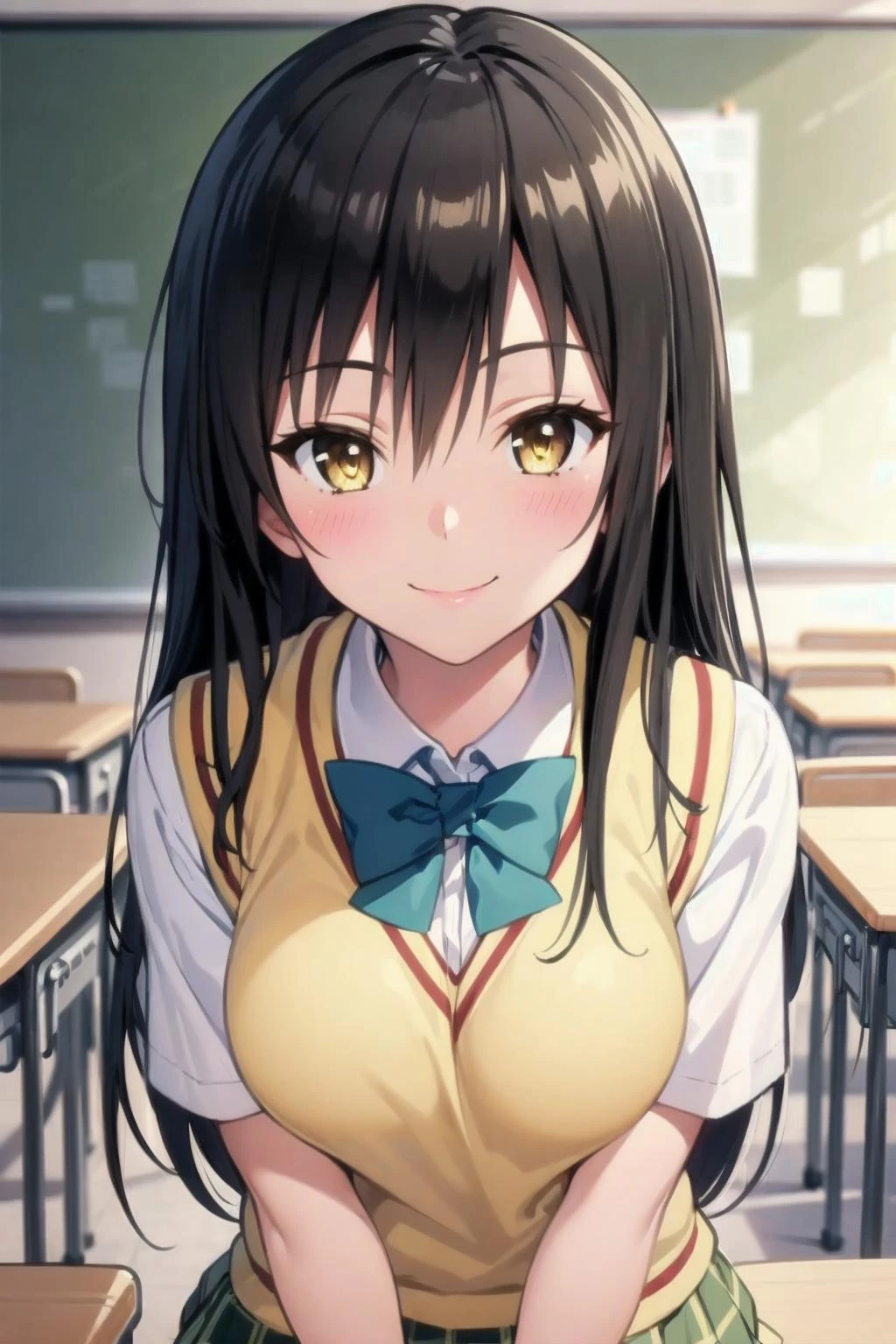 best quality, masterpiece, portrait, close-up, 1girl, kotegawa yui, black hair, long hair, long bangs, brown eyes, large breasts, yellow school uniform, pleated skirt, classroom, looking at viewer, smile,
<lora:Kizuki - To Love Ru - Kotegawa Yui:0.90>