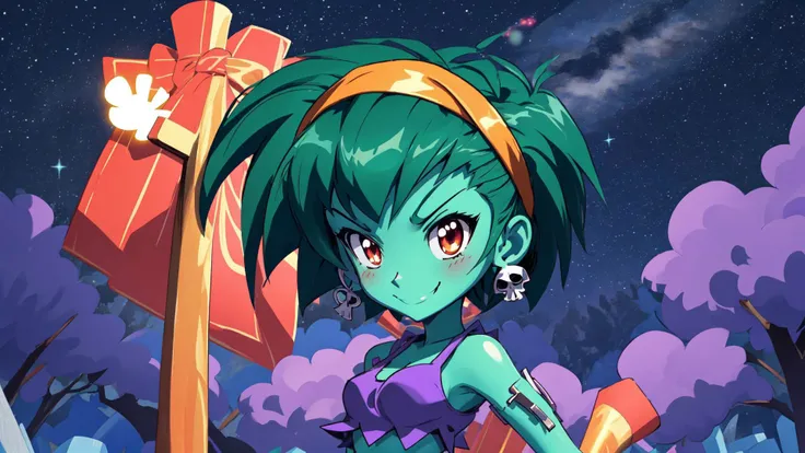 masterpiece,best quality,rottytops,hairband,skull earrings,purple crop top,belt,short shorts,upper body,looking at viewer,furrowed brow,smug,smile,night,graveyard,<lora:rottytops-nvwls-v1-final:1>,(shantae_styleAI:0.6),