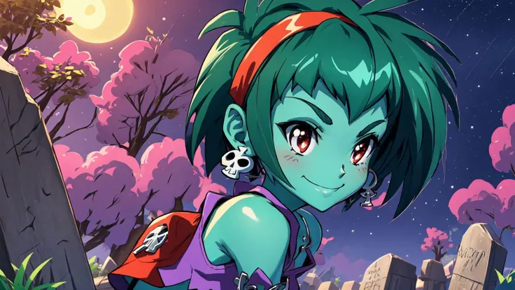 masterpiece,best quality,rottytops,hairband,skull earrings,purple crop top,belt,short shorts,upper body,looking at viewer,furrowed brow,smug,smile,night,graveyard,<lora:rottytops-nvwls-v1-final:1>,(shantae_styleAI:0.6),