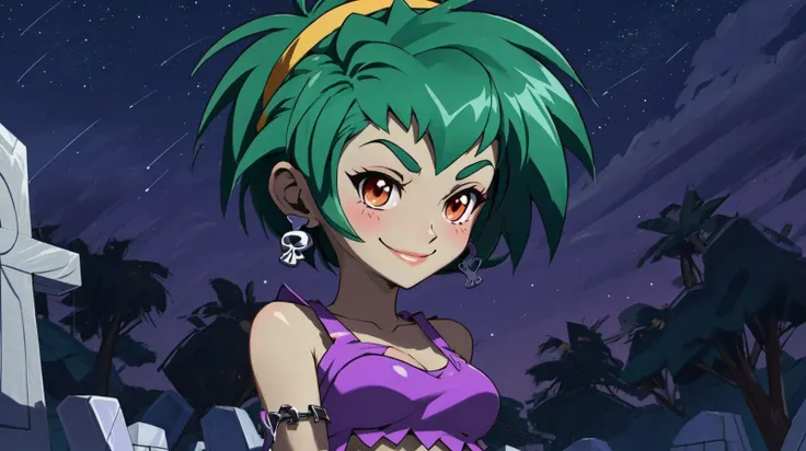 masterpiece,best quality,rottytops,hairband,skull earrings,purple crop top,belt,short shorts,upper body,looking at viewer,furrowed brow,smug,smile,night,graveyard,<lora:rottytops-nvwls-v1-final:1>,(shantae_styleAI:0.6),