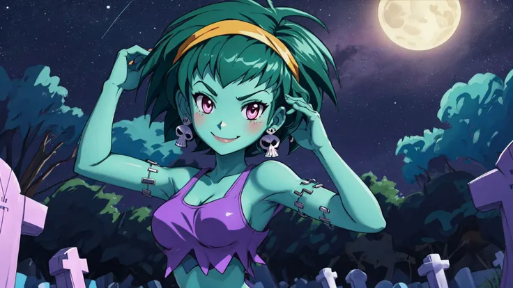 masterpiece,best quality,rottytops,hairband,skull earrings,purple crop top,belt,short shorts,upper body,looking at viewer,furrowed brow,smug,smile,night,graveyard,<lora:rottytops-nvwls-v1-final:1>,(shantae_styleAI:0.6),