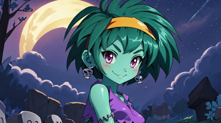 masterpiece,best quality,rottytops,hairband,skull earrings,purple crop top,belt,short shorts,upper body,looking at viewer,furrowed brow,smug,smile,night,graveyard,<lora:rottytops-nvwls-v1-final:1>,(shantae_styleAI:0.6),