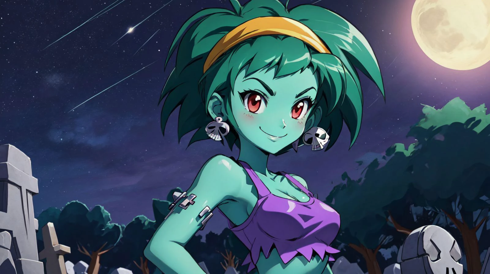 masterpiece,best quality,rottytops,hairband,skull earrings,purple crop top,belt,short shorts,upper body,looking at viewer,furrowed brow,smug,smile,night,graveyard,<lora:rottytops-nvwls-v1-final:1>,(shantae_styleAI:0.6),