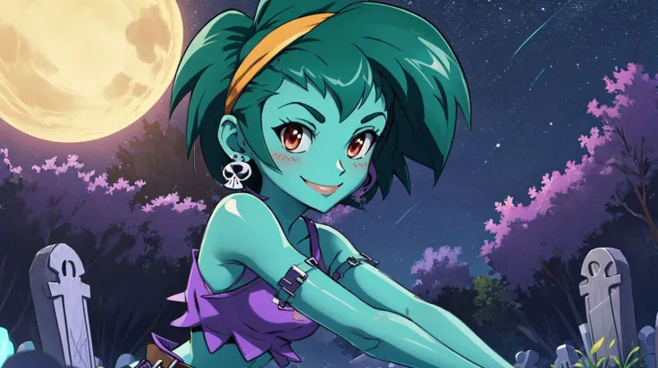 masterpiece,best quality,rottytops,hairband,skull earrings,purple crop top,belt,short shorts,upper body,looking at viewer,furrowed brow,smug,smile,night,graveyard,<lora:rottytops-nvwls-v1-final:1>,(shantae_styleAI:0.6),