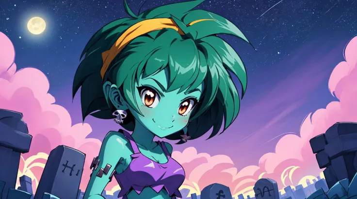 masterpiece,best quality,rottytops,hairband,skull earrings,purple crop top,belt,short shorts,upper body,looking at viewer,furrowed brow,smug,smile,night,graveyard,<lora:rottytops-nvwls-v1-final:1>,(shantae_styleAI:0.6),