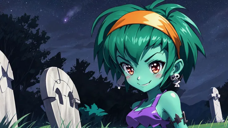 masterpiece,best quality,rottytops,hairband,skull earrings,purple crop top,belt,short shorts,upper body,looking at viewer,furrowed brow,smug,smile,night,graveyard,<lora:rottytops-nvwls-v1-final:1>,(shantae_styleAI:0.6),