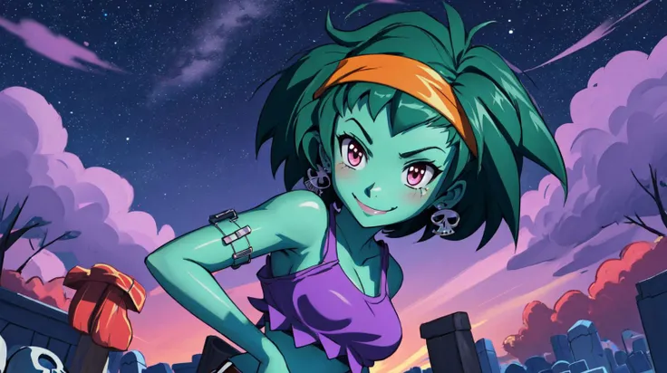 masterpiece,best quality,rottytops,hairband,skull earrings,purple crop top,belt,short shorts,upper body,looking at viewer,furrowed brow,smug,smile,night,graveyard,<lora:rottytops-nvwls-v1-final:1>,(shantae_styleAI:0.6),