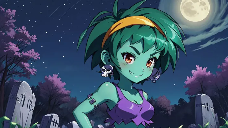 masterpiece,best quality,rottytops,hairband,skull earrings,purple crop top,belt,short shorts,upper body,looking at viewer,furrowed brow,smug,smile,night,graveyard,<lora:rottytops-nvwls-v1-final:1>,(shantae_styleAI:0.6),