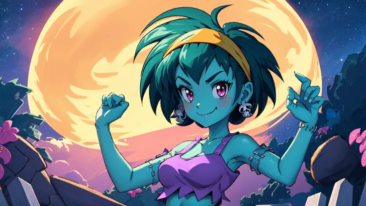 masterpiece,best quality,rottytops,hairband,skull earrings,purple crop top,belt,short shorts,upper body,looking at viewer,furrowed brow,smug,smile,night,graveyard,<lora:rottytops-nvwls-v1-final:1>,(shantae_styleAI:0.6),