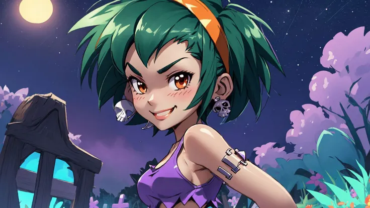 masterpiece,best quality,rottytops,hairband,skull earrings,purple crop top,belt,short shorts,upper body,looking at viewer,furrowed brow,smug,smile,night,graveyard,<lora:rottytops-nvwls-v1-final:1>,(shantae_styleAI:0.6),