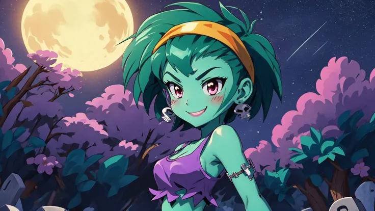 masterpiece,best quality,rottytops,hairband,skull earrings,purple crop top,belt,short shorts,upper body,looking at viewer,furrowed brow,smug,smile,night,graveyard,<lora:rottytops-nvwls-v1-final:1>,(shantae_styleAI:0.6),