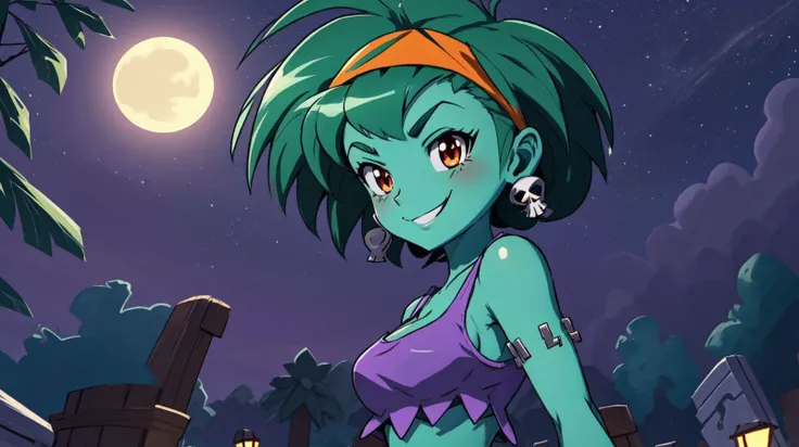 masterpiece,best quality,rottytops,hairband,skull earrings,purple crop top,belt,short shorts,upper body,looking at viewer,furrowed brow,smug,smile,night,graveyard,<lora:rottytops-nvwls-v1-final:1>,(shantae_styleAI:0.6),