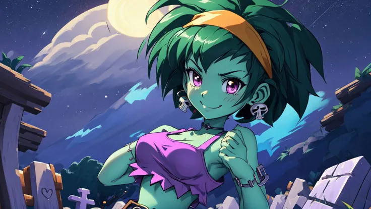 masterpiece,best quality,rottytops,hairband,skull earrings,purple crop top,belt,short shorts,upper body,looking at viewer,furrowed brow,smug,smile,night,graveyard,<lora:rottytops-nvwls-v1-final:1>,(shantae_styleAI:0.6),