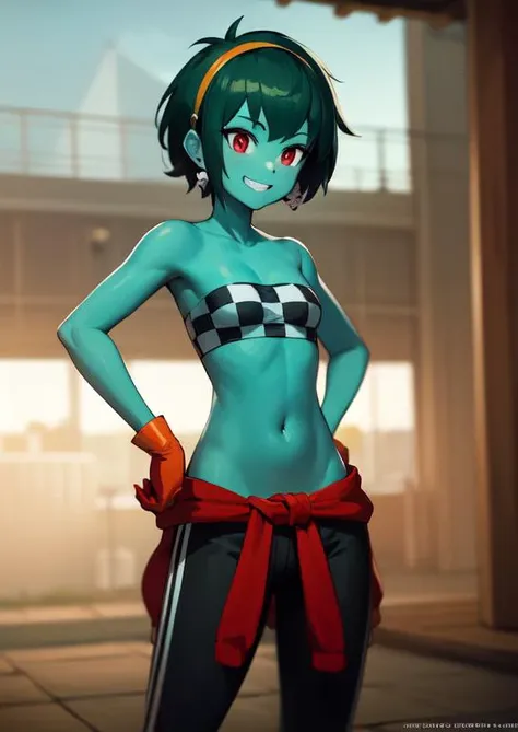 (masterpiece, best quality:1.2), extremely detailed, soft ambient lighting, sharp focus, 4K, BREAK <lora:rottytops-nvwls-v1:0.8>, 1girl, solo, (turquoise skin), hairband, skull earrings, checkered bandeau, yellow gloves, clothes around waist, sweatpants, boots, BREAK stadium, roofless building, standing, hands on hips, grin, looking at viewer, cowboy shot