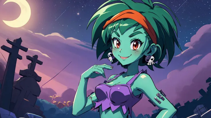 masterpiece,best quality,rottytops,hairband,skull earrings,purple crop top,belt,short shorts,upper body,looking at viewer,furrowed brow,smug,smile,night,graveyard,<lora:rottytops-nvwls-v1-final:1>,(shantae_styleAI:0.6),