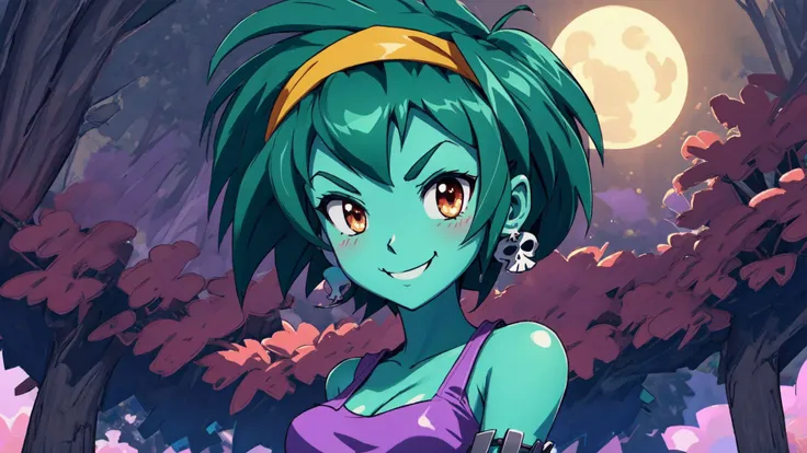 masterpiece,best quality,rottytops,hairband,skull earrings,purple crop top,belt,short shorts,upper body,looking at viewer,furrowed brow,smug,smile,night,graveyard,<lora:rottytops-nvwls-v1-final:1>,(shantae_styleAI:0.6),