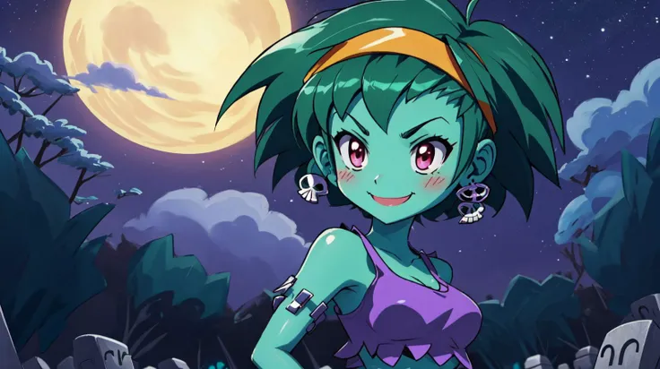 masterpiece,best quality,rottytops,hairband,skull earrings,purple crop top,belt,short shorts,upper body,looking at viewer,furrowed brow,smug,smile,night,graveyard,<lora:rottytops-nvwls-v1-final:1>,(shantae_styleAI:0.6),