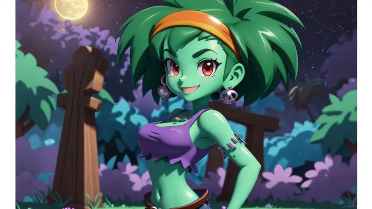 masterpiece,best quality,rottytops,hairband,skull earrings,purple crop top,belt,short shorts,upper body,looking at viewer,furrowed brow,smug,smile,night,graveyard,<lora:rottytops-nvwls-v1-final:1>,shantae_styleAI,