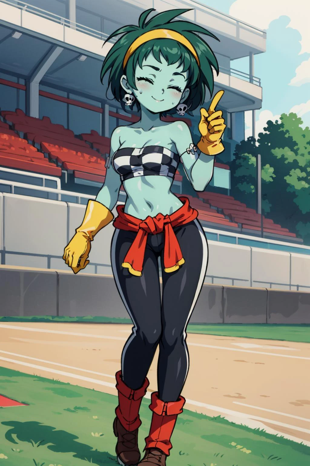 masterpiece, best quality, rottytops, hairband, skull earrings, checkered bandeau, yellow gloves, clothes around waist, sweatpants, boots, standing, closed eyes, smile, racetrack <lora:rottytops-nvwls-v1-000012:0.9>